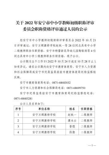 关于2022年安宁市中小学教师初级职称评审委员会职称资格评审通过人员的公示_00