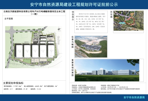 安宁市草铺街道云南友天新能源科技有限公司年产50万吨磷酸铁锂项目主体工程（一期）建设项目规划方案批前公示
