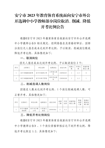 安宁市2023年教育体育系统面向安宁市外公开选调中小学教师部分岗位取消、削减、降低开考比例公告（定稿）(1)_00