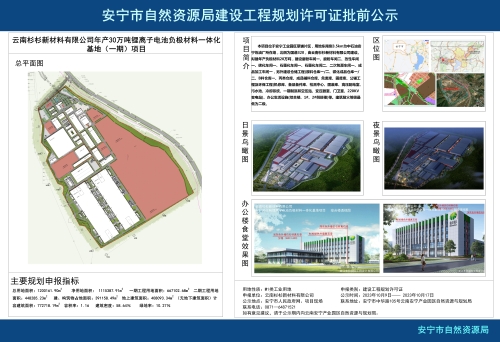 安宁市草铺街道云南杉杉新材料有限公司年产30万吨锂离子电池负极材料一体化基地（一期）项目规划方案批前公示