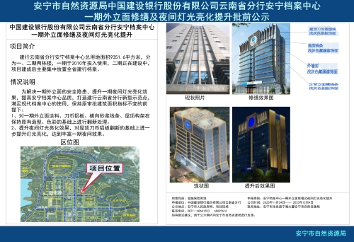 安宁市连然街道中国建设银行股份有限公司云南省分行安宁档案中心一期外立面修缮及夜间灯光亮化提升规划方案批前公示