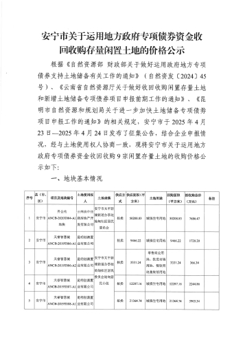 安宁市关于运用地方政府专项债券资金收回收购存量闲置土地的价格公示_页面_1