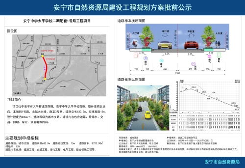 安宁市太平新城街道安宁中学太平学校二期配套1号路项目建设工程规划许可证批前公示