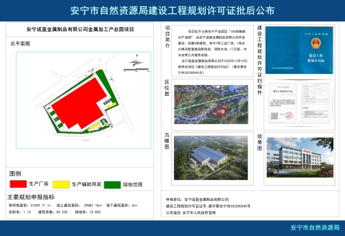 安宁成盈金属制品有限公司金属加工产业园项目工程规划许可证批后公布