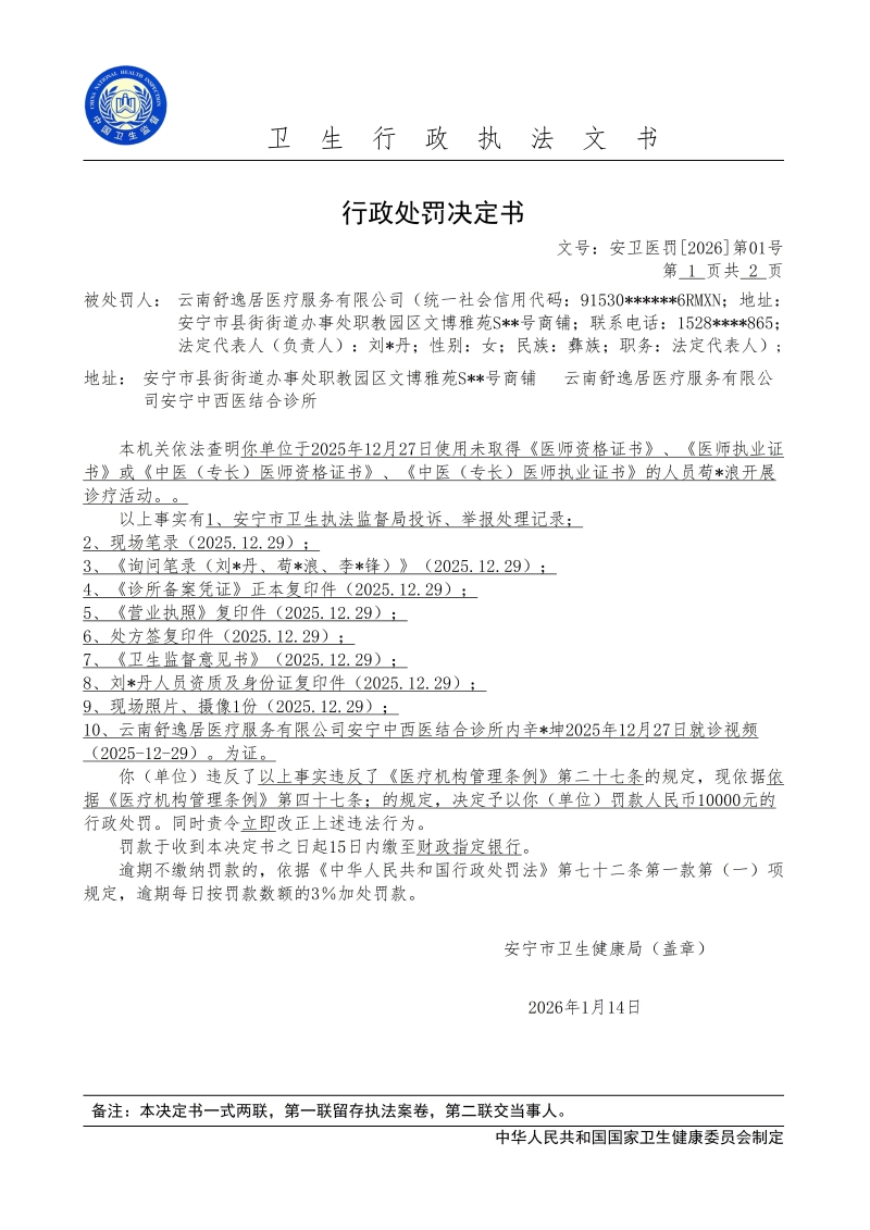云南舒逸居医疗服务有限公司行政处罚公示_01