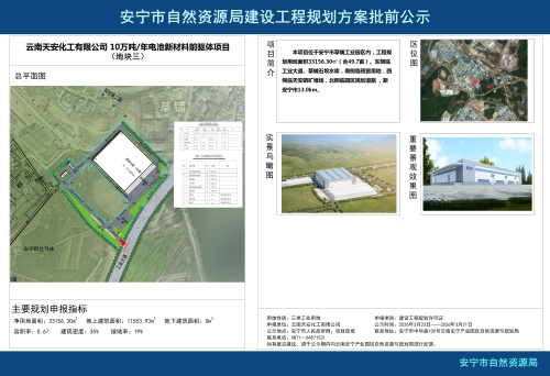 安宁市草铺街道云南天安化工有限公司10万吨年电池新材料前驱体项目（地块三）规划方案批前公示
