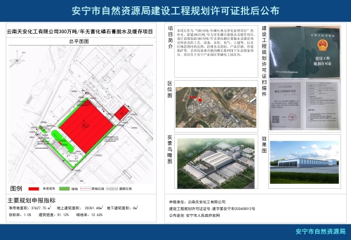 云南天安化工有限公司300万吨年无害化磷石膏脱水及缓存项目建设工程规划许可证批后公布