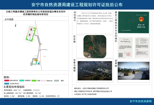 云南三明鑫安爆破工程有限责任公司县街街道办事处耳目村民用爆炸物品储存库项目建设工程规划许可证批后公布