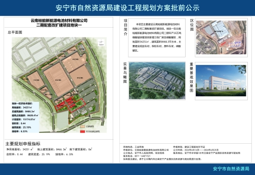 云南裕能新能源电池材料有限公司二期配套改扩建项目地块一建设工程规划方案批前公示 云南裕能新能源电池材料有限公司二期配套改扩建项目地块一建设工程规划方案批前公示