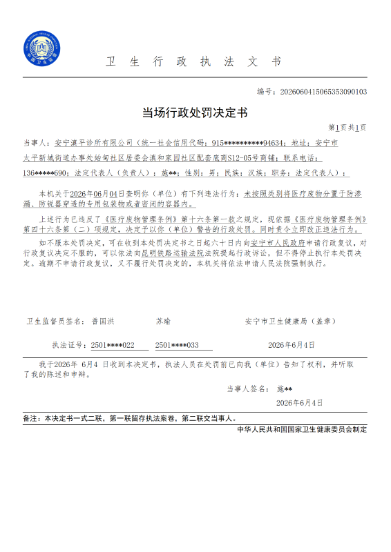 安宁滇平诊所有限公司行政处罚公示_01