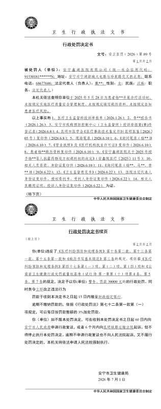 安宁鑫湖医院行政处罚决定公示