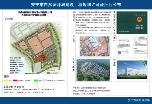 云南裕能新能源电池材料有限公司二期配套改扩建项目地块一建设工程规划许可证批后公布 云南裕能新能源电池材料有限公司二期配套改扩建项目地块一建设工程规划许可证批后公布