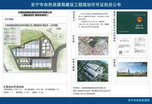 云南裕能新能源电池材料有限公司二期配套改扩建项目地块二建设工程规划许可证批后公布