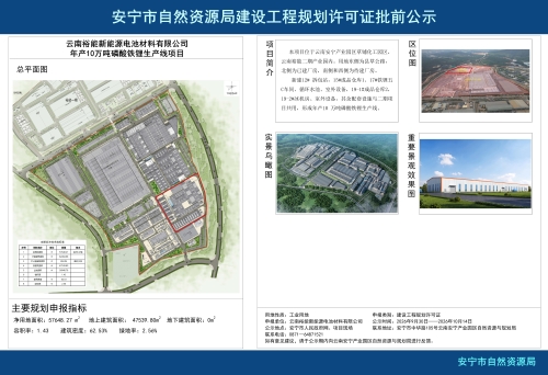 安宁市高新区云南裕能新能源电池材料有限公司年产10万吨磷酸铁锂生产线项目建设工程规划方案批前公示