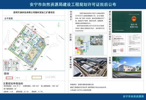 安宁市高新区昆明天谋科技有限公司锂材深加工扩建项目建设工程规划许可证批后公布